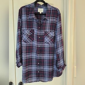 Jessica Simpson Lorelei Navy, Light Blue & Pink Plaid Button-up Shirt, 2X